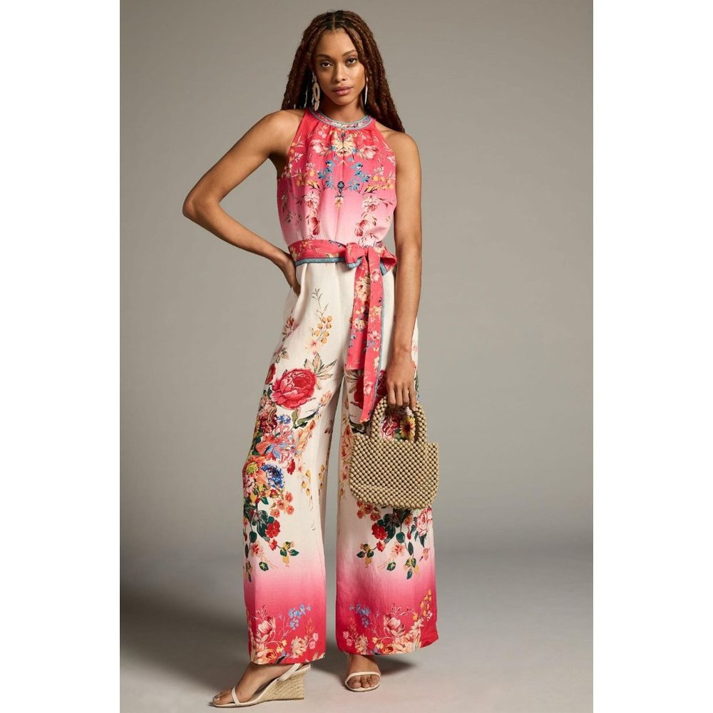 Anthropologie Ranna Gill Sleeveless Tie-Waist Jumpsuit In Pink Combo Size Medium